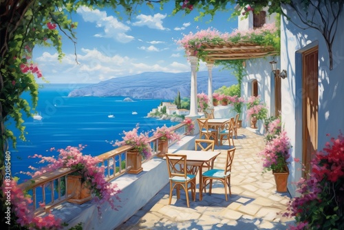 : A sun-drenched Mediterranean terrace overlooking a sparkling turquoise sea, where white-washed buildings cling to rocky cliffs and colorful bougainvillea cascades down the walls