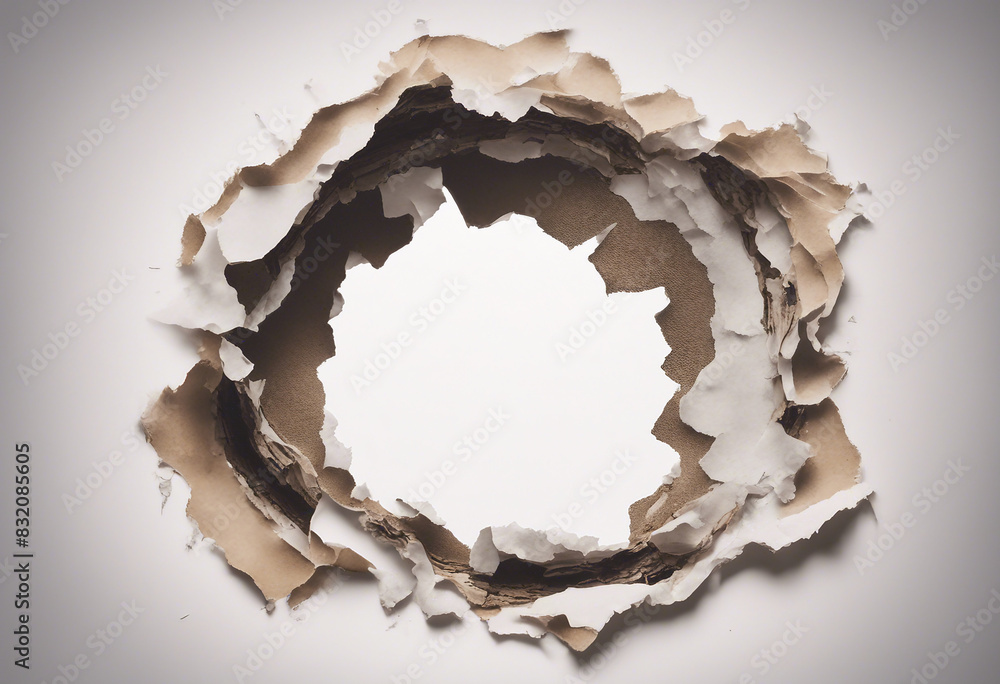 Ragged hole torn in ripped paper isolated on white background Ragged hole torn in ripped paper isolated on white background