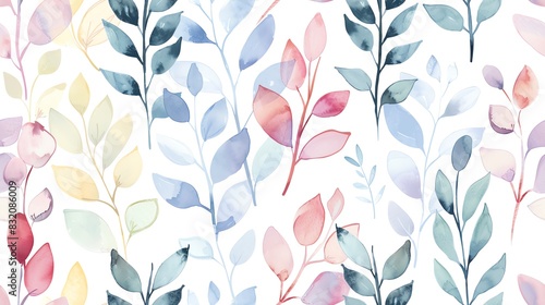 Pastel colors seamless pattern with flat watercolor floral elements, including leaves and branches, for a gentle and elegant style photo