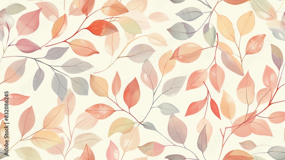 Seamless pattern of hand-drawn pastel-colored leaves and branches, creating a soft and natural design Seamless pattern of hand-drawn pastel-colored leaves and branches, creating a soft and natural design