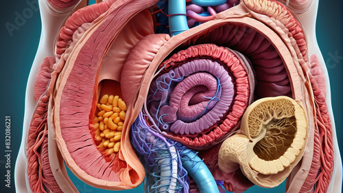 Detailed view of human digestive system anatomy, showcasing the organs and structures involved in digestion and nutrient absorption, Generative AI