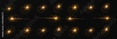 Light effect of lens and flash. Golden stars  magical explosion  luminous lines. On a transparent background.