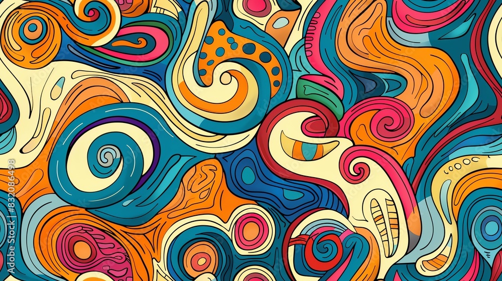 Seamless pattern of retro 60s hand-drawn abstract shapes and psychedelic swirls in bright colors, emphasizing a playful and nostalgic style