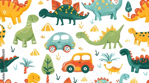 Seamless pattern of hand-drawn cartoon dinosaurs and toy cars  creating a vibrant and adventurous look for kids
