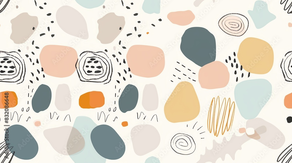 Soft pastel-colored seamless pattern with hand-drawn leaves, small flowers, and squirrels, showcasing a harmonious and whimsical design Soft pastel-colored seamless pattern with hand-drawn leaves, small flowers, and squirrels, showcasing a harmonious and whimsical design