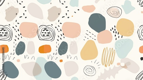 Soft pastel-colored seamless pattern with hand-drawn leaves, small flowers, and squirrels, showcasing a harmonious and whimsical design