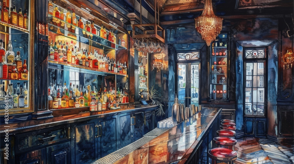 Obraz premium The interior of a retro bar with a wooden bar counter and shelves of alcoholic drinks