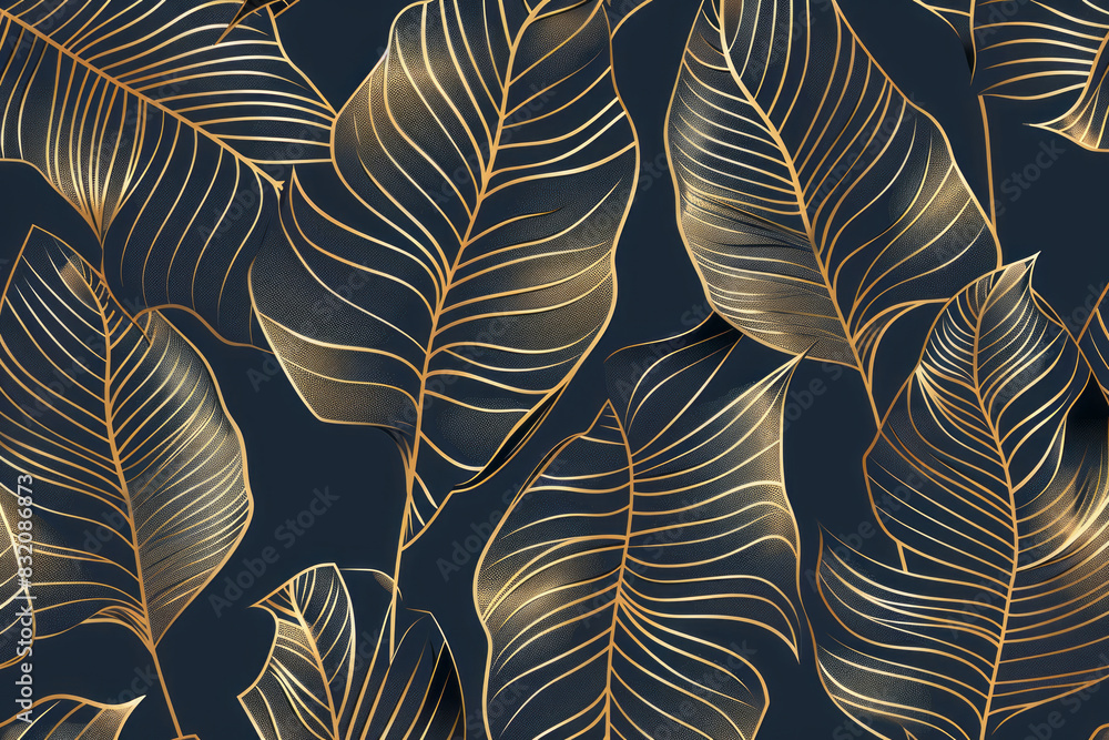 Luxurious tropical leaf pattern with golden outlines on dark background Luxurious tropical leaf pattern with golden outlines on dark background