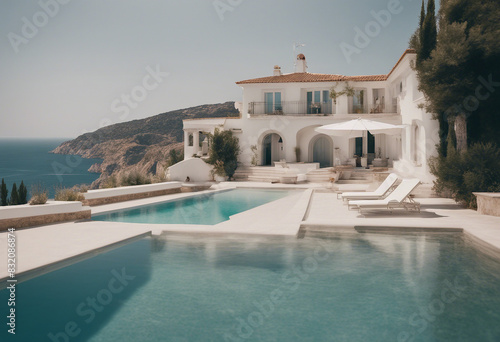 Traditional mediterranean white house with pool on hill with stunning sea view Summer vacation back