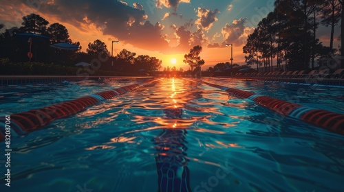 Amazing outdoor view of a public swimming pool with bright orange sunset in the background. photo