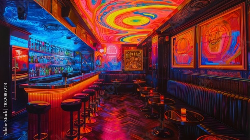The photo shows a bar with colorful lights and a trippy atmosphere. photo
