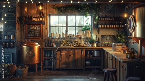 The photo shows a home bar with a wooden counter, shelves stocked with bottles of liquor © pornchan