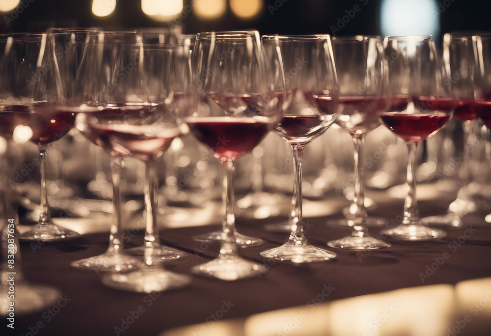 Wine glasses in a row Buffet table celebration of wine tasting Nightlife celebration and entertainme Wine glasses in a row Buffet table celebration of wine tasting Nightlife celebration and entertainme