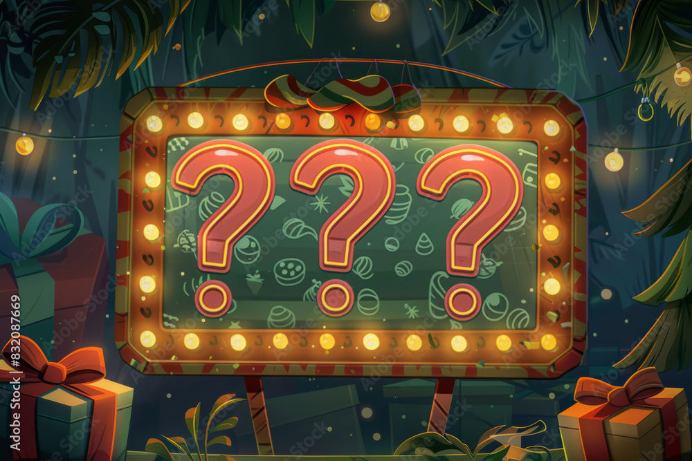 Bright festive lottery drawing sign with question marks and gifts Bright festive lottery drawing sign with question marks and gifts