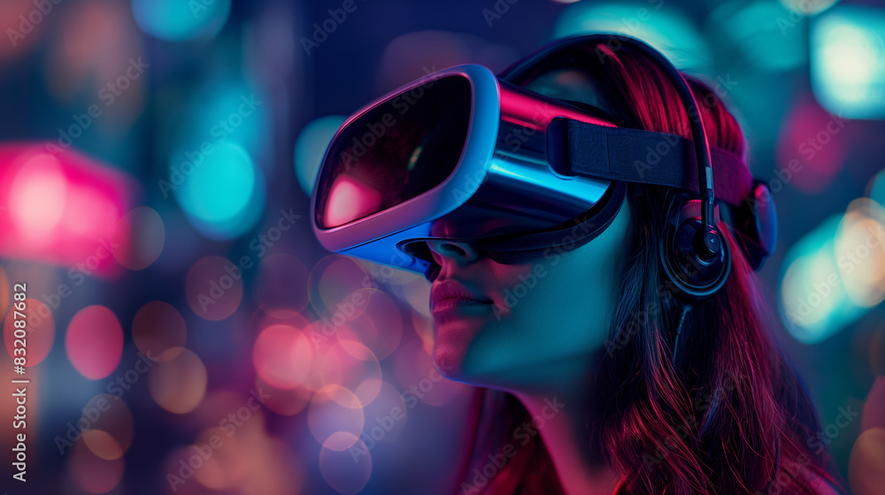 woman experiencing advanced technology with virtual reality visors woman experiencing advanced technology with virtual reality visors