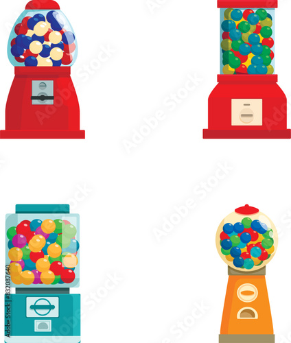 Vector set of four bubble gum machines with colorful gumballs isolated on white background