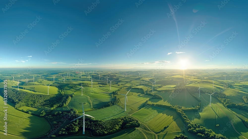Fototapeta premium Panoramic view of wind turbines dotting a rolling green landscape under a clear blue sky, showcasing the integration of clean energy with agriculture and open spaces