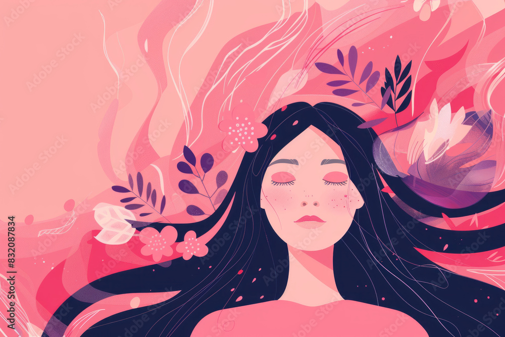 Woman experiencing peaceful rest with floral background illustration