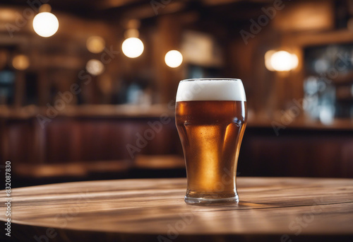 Wooden round table and pub or bar blur background