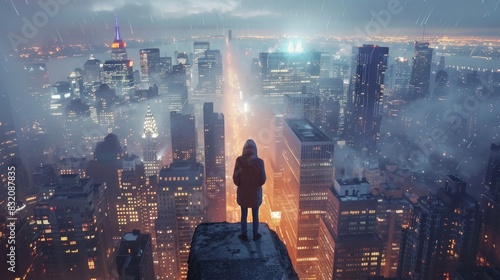 The picture shows a person standing on a rooftop overlooking a foggy city.