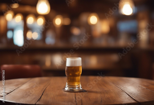 Wooden round table and pub or bar blur background © ArtisticLens