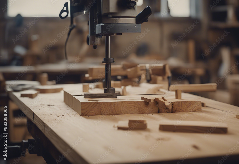 Woodworking Wood working project on work bench in a workshop with wooden floor Clamped pieces of woo Woodworking Wood working project on work bench in a workshop with wooden floor Clamped pieces of woo