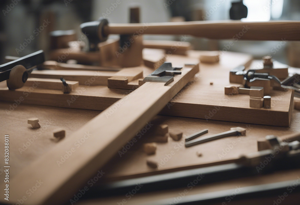 Woodworking Wood working project on work bench in a workshop with wooden floor Clamped pieces of woo Woodworking Wood working project on work bench in a workshop with wooden floor Clamped pieces of woo