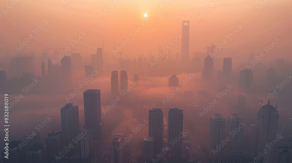 Close-up of smog-covered city skyline with the sun barely visible through the haze, representing the air pollution aspect of climate change Close-up of smog-covered city skyline with the sun barely visible through the haze, representing the air pollution aspect of climate change