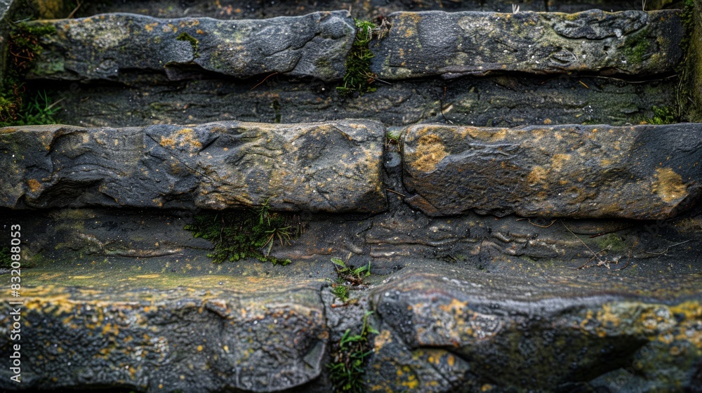 A close-up of weathered stone steps, revealing the texture of the worn surfaces and moss growing in the crevices. A close-up of weathered stone steps, revealing the texture of the worn surfaces and moss growing in the crevices.