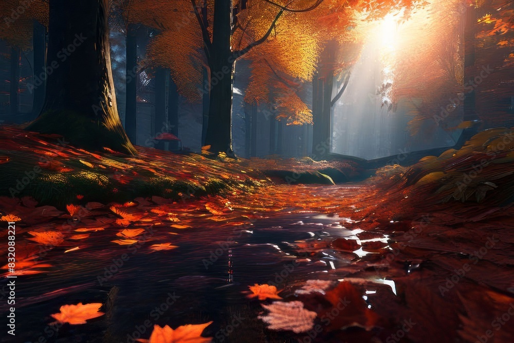 Delicate dew droplets on vibrant autumn leaves, a breathtaking forest floor image. Delicate dew droplets on vibrant autumn leaves, a breathtaking forest floor image.