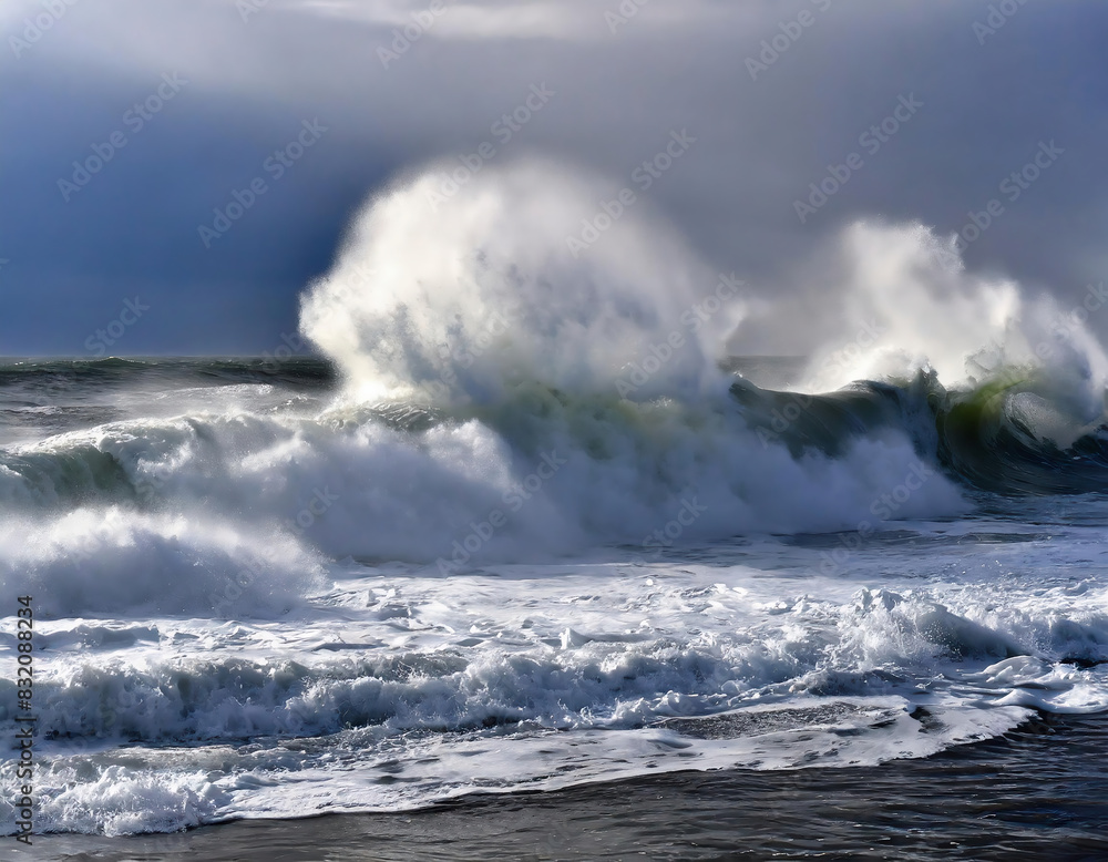 Obraz premium Stormy seascape, powerful waves crashing the sandy beach on the shoreline