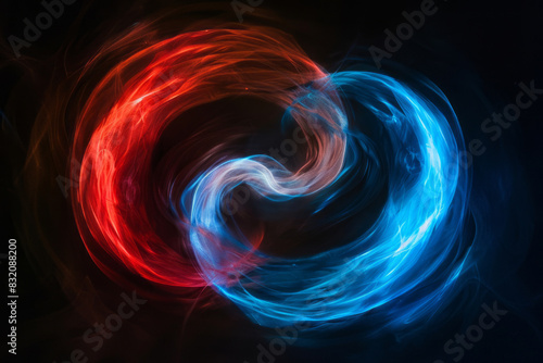 Abstract swirling red and blue light trails on black background © standret