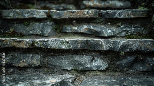 A close-up of weathered stone steps  revealing the texture of the worn surfaces and moss growing in the crevices.