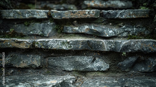 A close-up of weathered stone steps, revealing the texture of the worn surfaces and moss growing in the crevices. © Usman