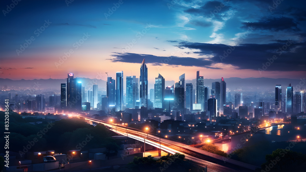 Bright glowing lights of district in megapolis under dusk sky in evening on blurred background