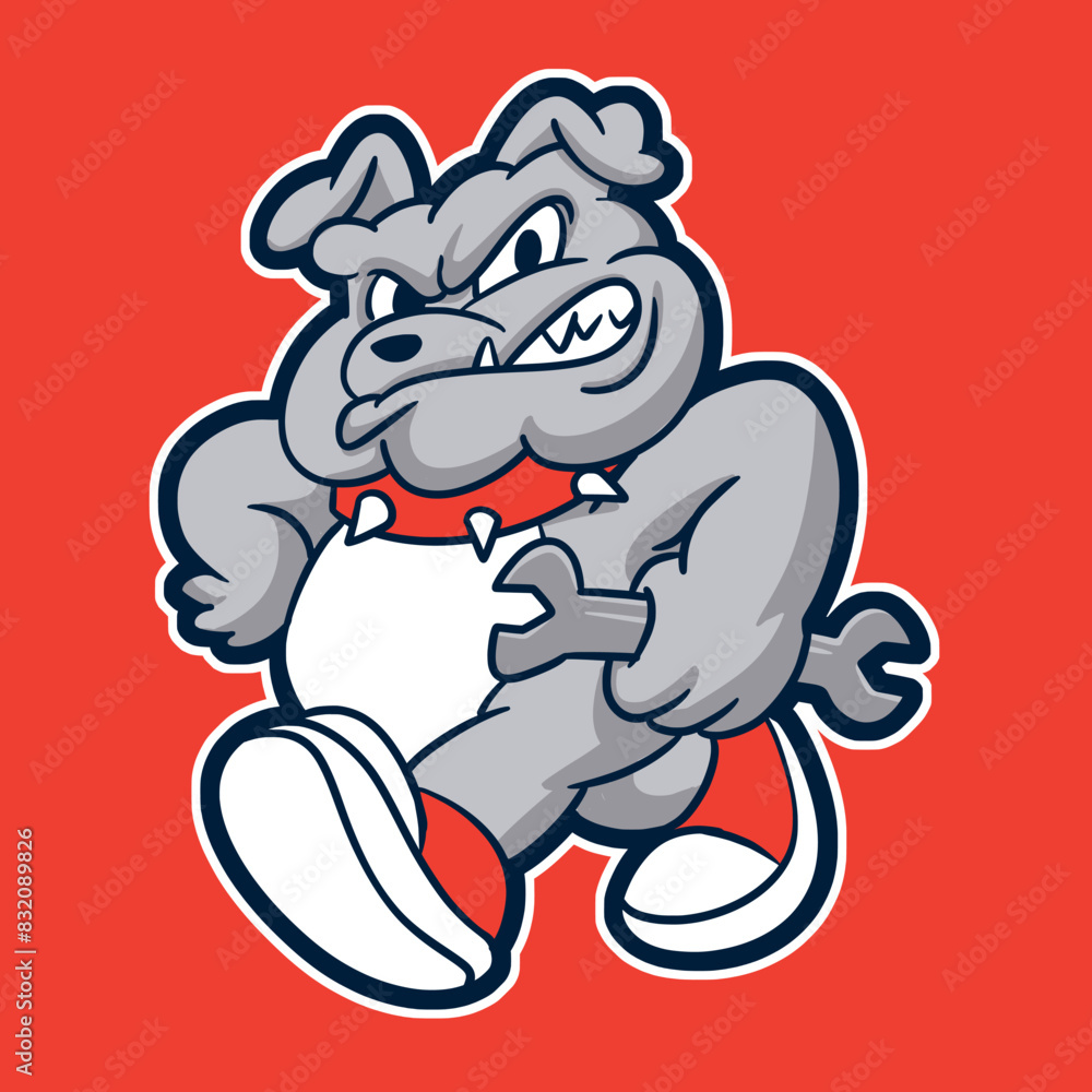 Obraz premium Bulldog Mechanic Holding Wrench Cartoon