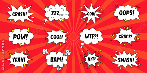 A set of multi-colored bubbles with expressive inscriptions, clouds and explosions in a comic book style on a bright red background. Retro banner in pop art style with halftone shadows, doodle