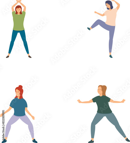 Vector illustrations of four individuals in different yoga poses on a white background