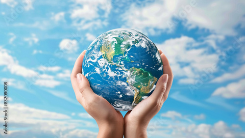 Fototapeta Naklejka Na Ścianę i Meble -  hands holding the Earth planet on blue sky background, World environment day concept