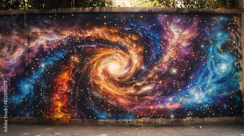 A wall with graffiti art that looks like a swirling galaxy of stars, cosmic dust and celestial wonders