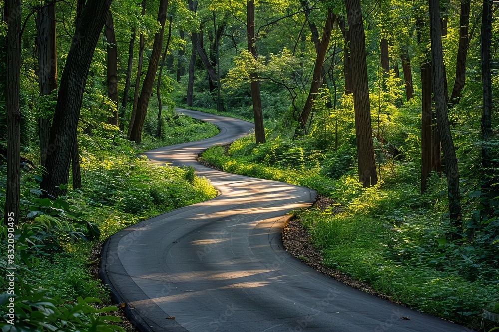 Fototapeta premium Scenic bicycle path winding through a lush forest, dappled sunlight filtering through the trees, creating a serene and inviting ride
