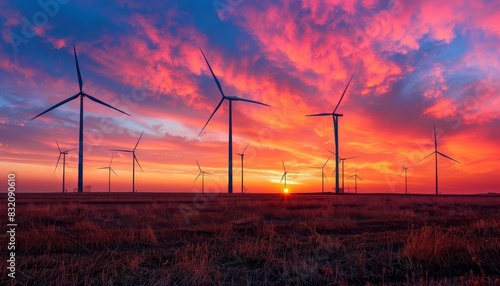 Silhouetted wind turbines against a vibrant sunset, their blades spinning gently in the evening breeze over open fields