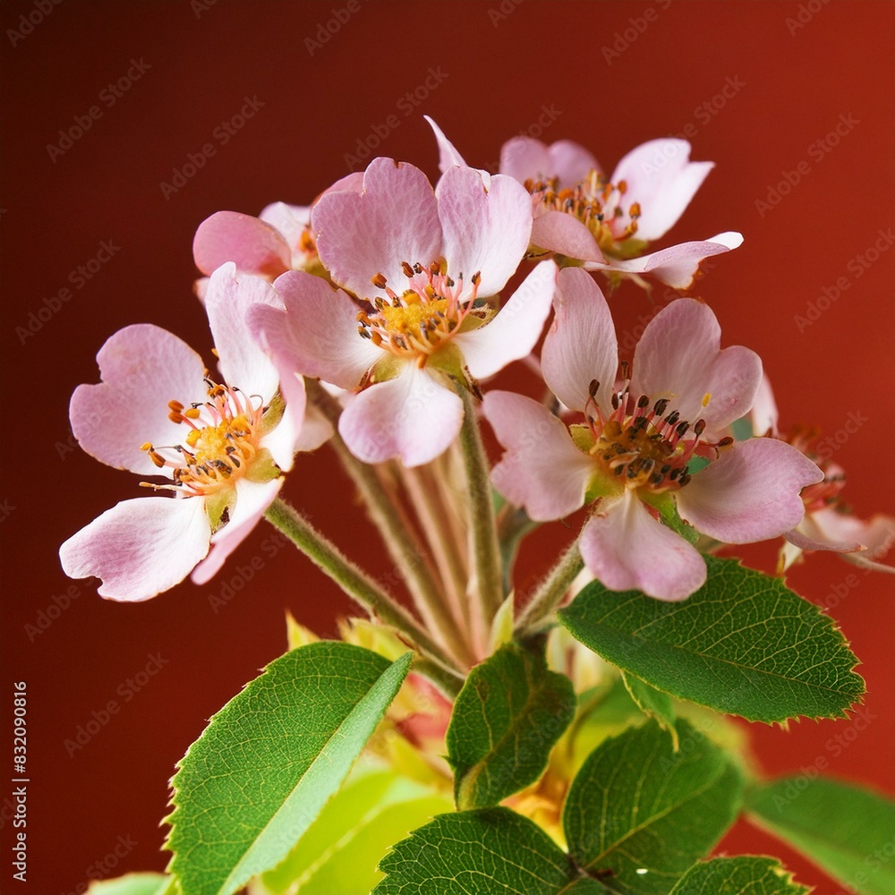 Obraz premium Soft pink flowers in bloom against a red backdrop Close-up photo of delicate pink flowers with a red background Bright red background
