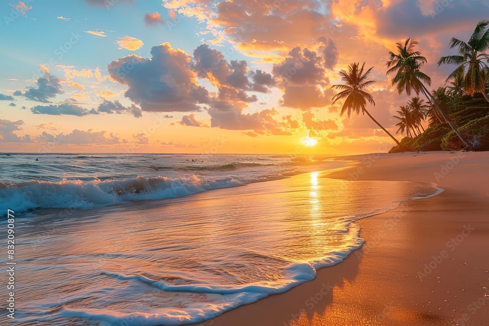 Stunning sunrise beach with golden sand, gentle waves, and palm trees silhouetted against a vibrant sky, perfect for a serene morning escape
