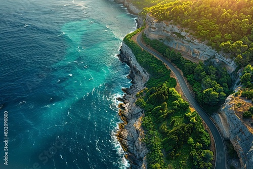 Stunning aerial view of a winding coastal road, turquoise ocean waves crashing against rocky cliffs, and lush greenery along the shoreline