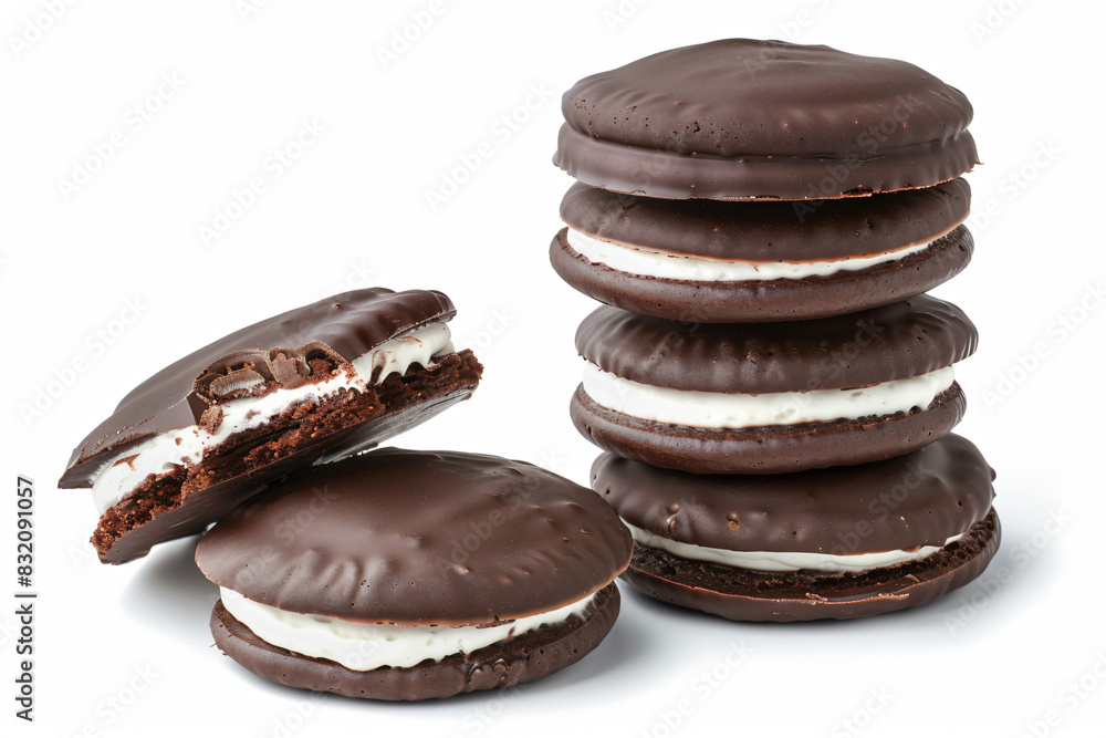 a stack of chocolate covered cookies with a bite taken out of one a stack of chocolate covered cookies with a bite taken out of one