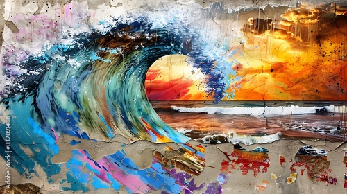 A wall with graffiti art that looks like a vibrant, abstract ocean wave