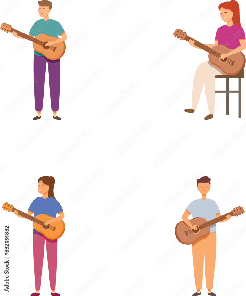 Collection of four cartoon characters, each playing an acoustic guitar, isolated on white Collection of four cartoon characters, each playing an acoustic guitar, isolated on white