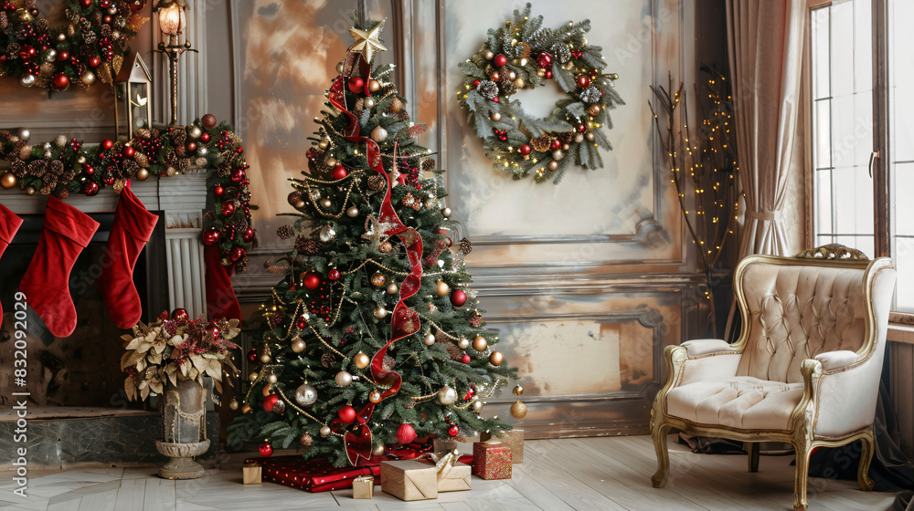 Beautiful decorated Christmas tree in festive room 