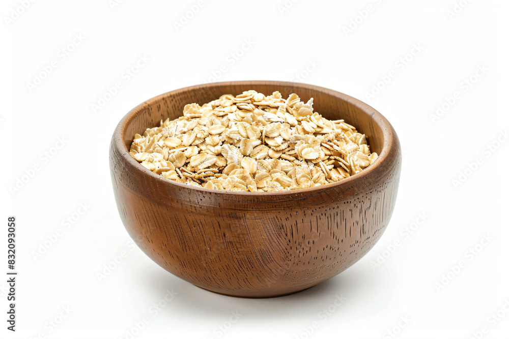 a wooden bowl filled with oats on a white surface a wooden bowl filled with oats on a white surface
